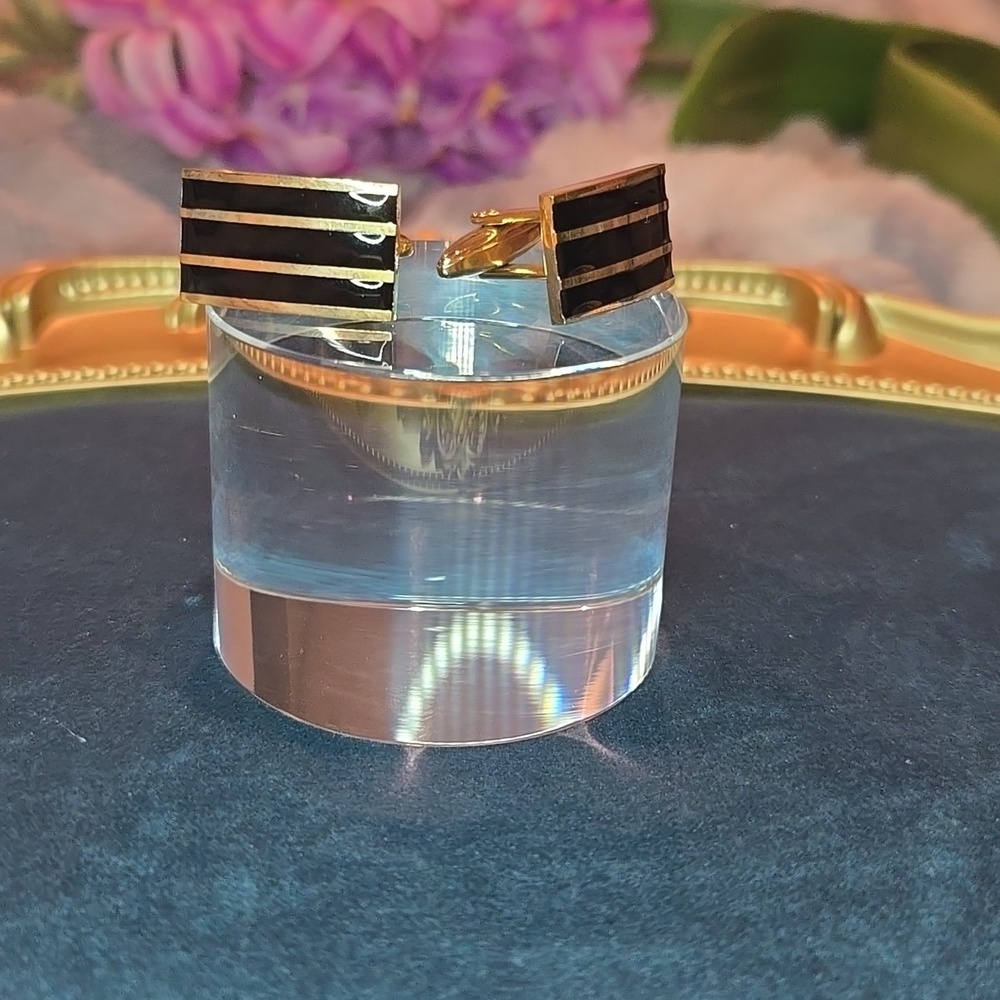 Gold and Black Striped Stainless Steel Cufflinks Brand New - Picture 7 of 10